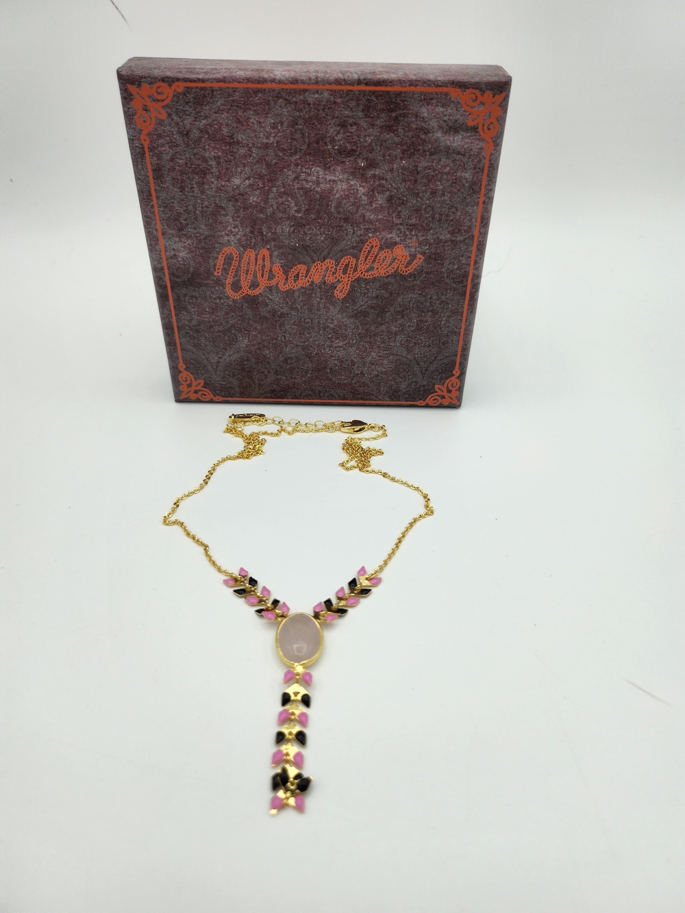 Wrangler Gold Tone Pink Cabochon Y Necklace Black Pink Enamel NIB